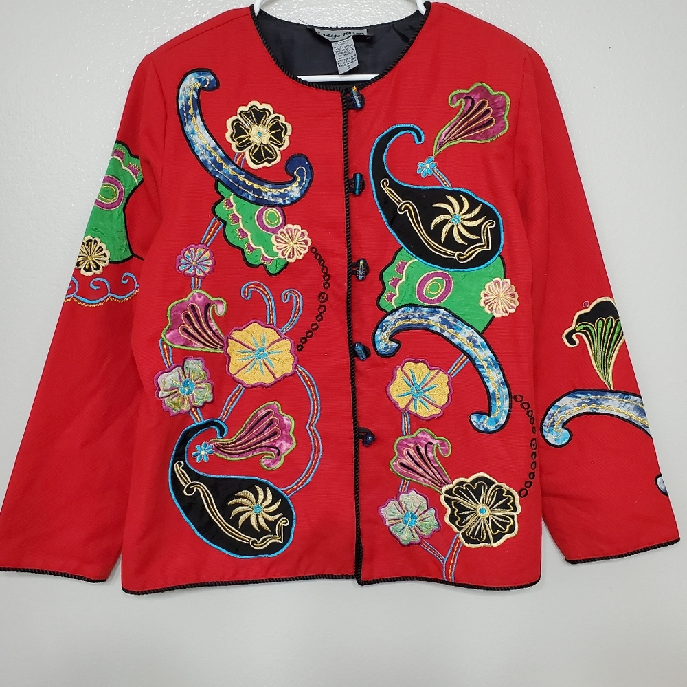 Indigo Moon Frog Asian Patches Embroidered Jacket